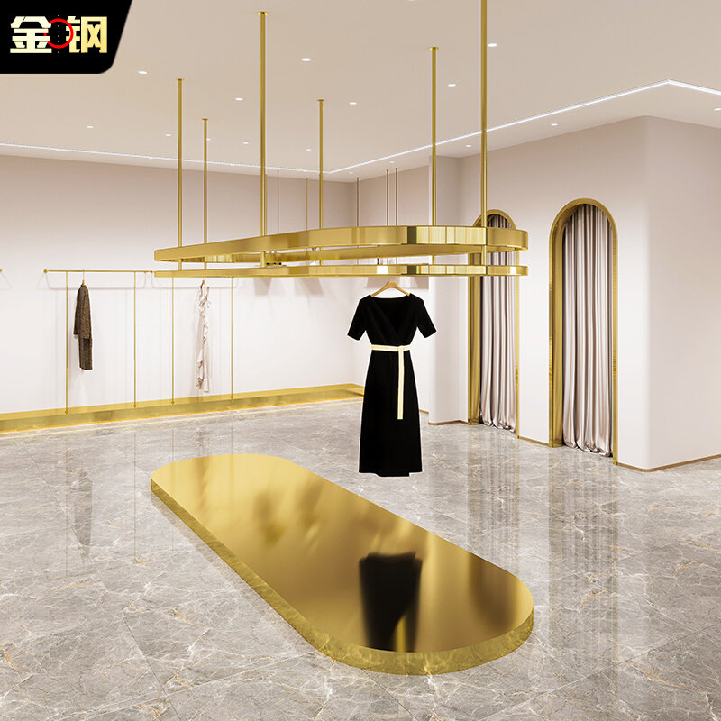 服装店展示架中岛吊挂钛金不锈钢侧挂橱窗钢丝吊挂女装买手店专用