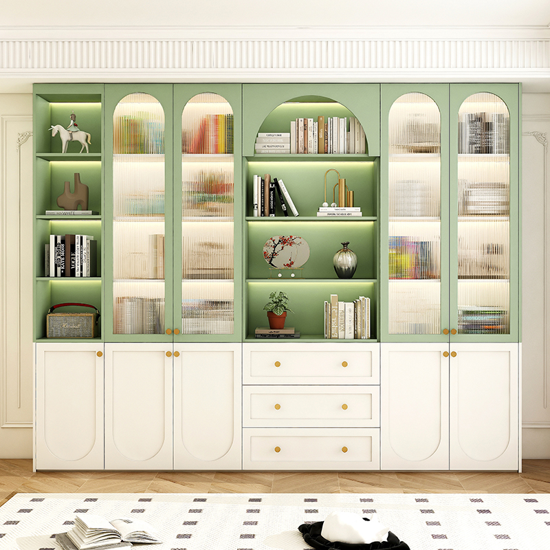 定制实木书柜奶油风去客厅化书架落地置物架一体靠墙书柜展示柜