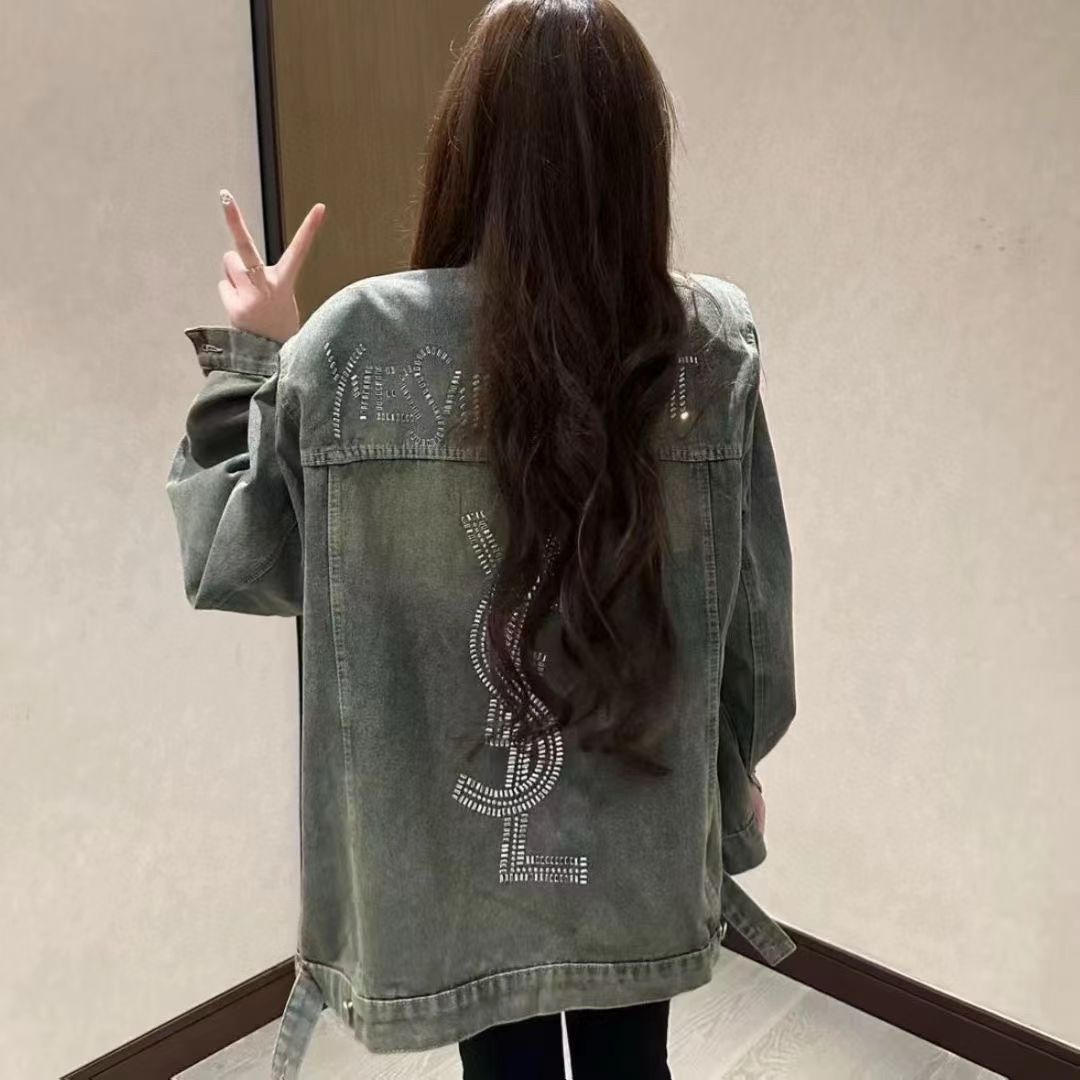 2025秋冬新款重工烫钻洗水做旧牛仔夹克外套渐变色上衣女休闲百搭