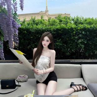 新款 一字领独特小众印花抹胸背心女夏季 甜辣不规则露背显瘦上衣