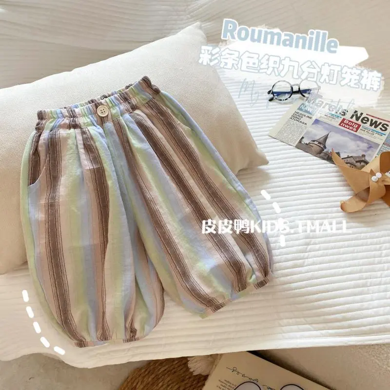 宝宝夏季薄款裤子条纹男.童夏装透气纯棉七分灯笼裤儿夏款九分