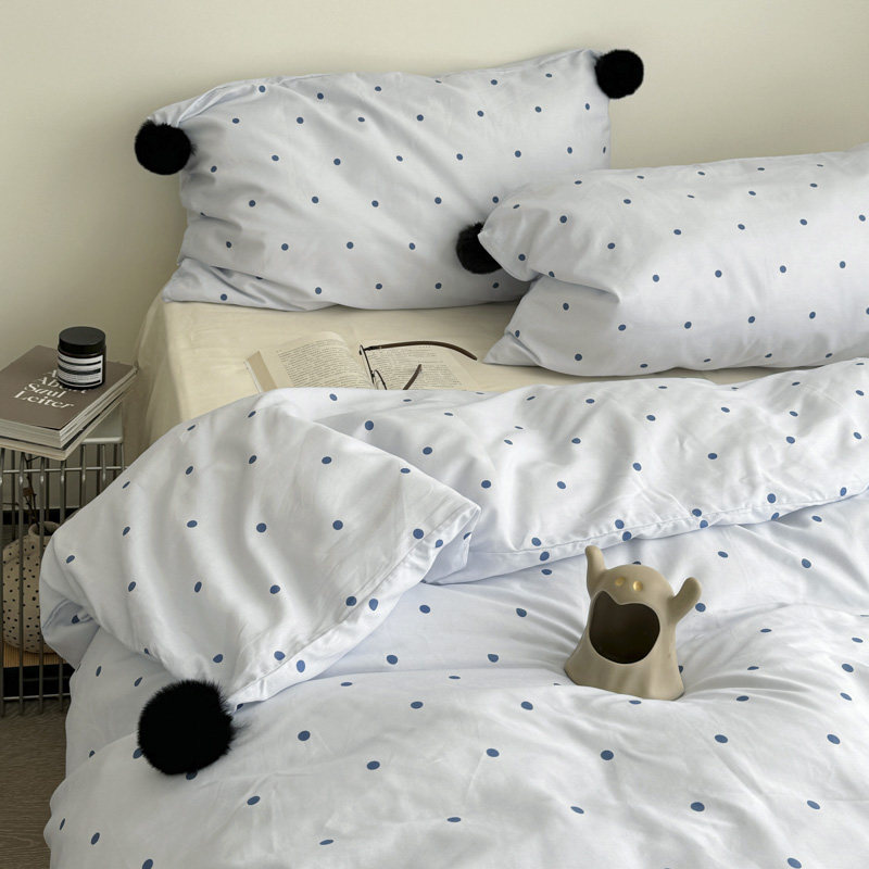 韩系奶油风波点全棉四件套ins混搭纯棉球球床单被套1.8米四季通用