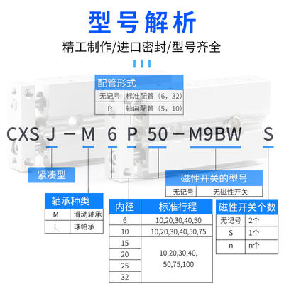 SMC气缸双轴双杆气动CXSJM10-20/CXSJL15-30*6-40-50X75X100-M9BL