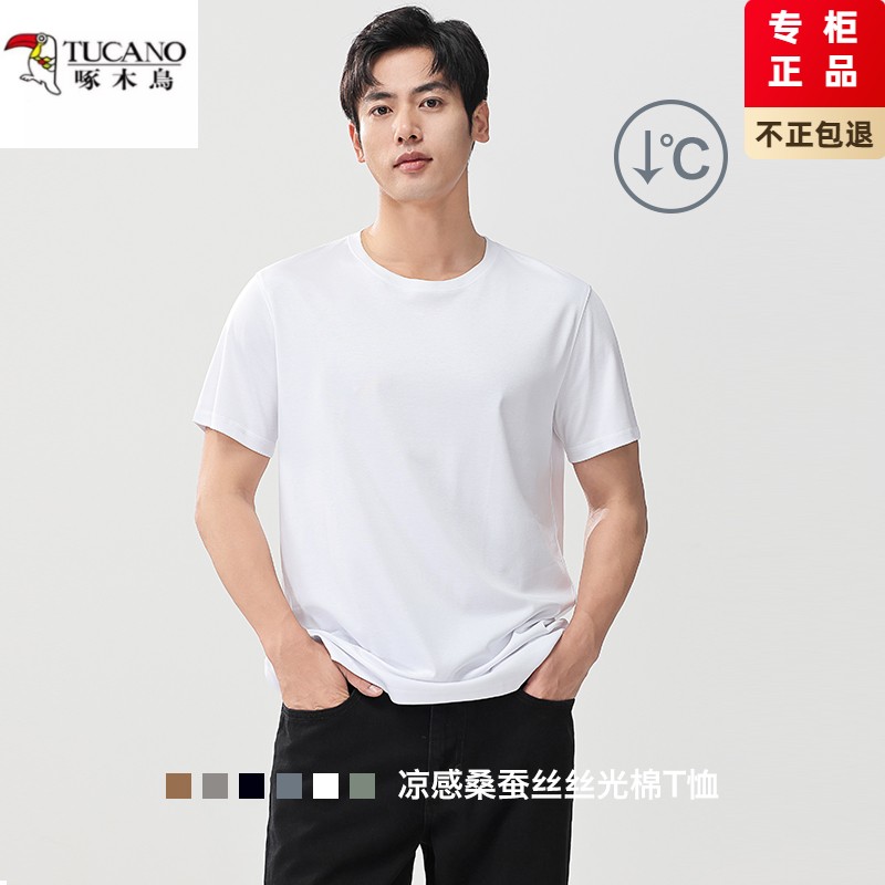 2025夏款男士桑蚕丝丝光棉T恤宽松简约基础款显瘦短袖圆领V领白色