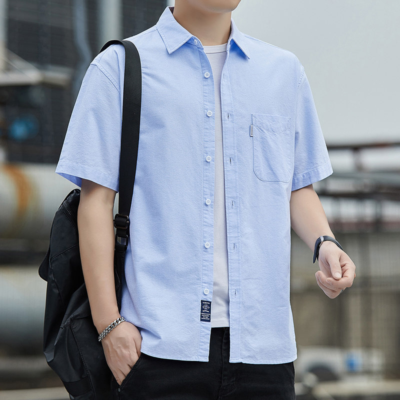 夏季男士纯棉工装短袖衬衫薄款纯色休闲百搭韩版全棉衬衣