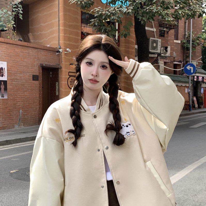 实价美式复古潮流小羊刺绣棒球服2025设计感小众情侣夹克上衣外套