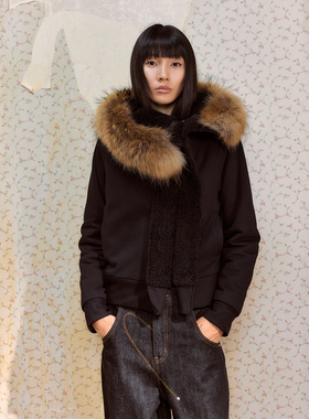 DUE E CHEN 斜襟可拆卸大翻领加绒棉服女2025冬季款宽松黑色外套