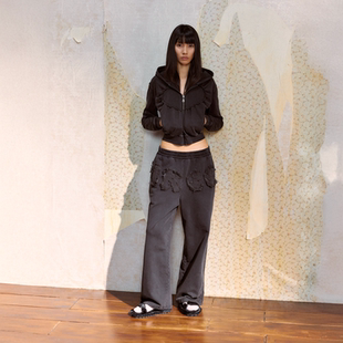 宽松休闲裤 CHEN 女纯棉毛边时尚 25AW水洗做旧字母贴布卫裤 DUE