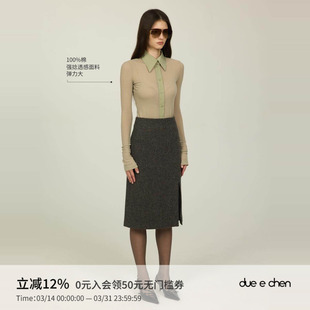 针织衬衫 CHEN 拼色修身 上衣女 匹马棉高支强捻透感中长款 DUE