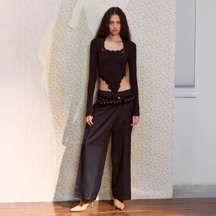 解构造型感毛边搭片西装 CHEN 裤 女新款 DUE 羊毛拼接直筒休闲裤