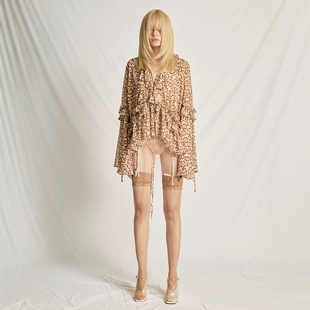 CHEN原创豹纹抽皱花边衬衫 DUE 女设计感防晒上衣 戚砚笛同款