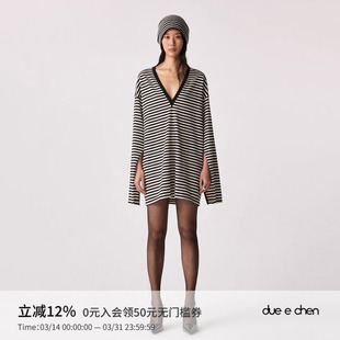 黑白条纹V领长版 DUE Striped CHEN T恤｜可作连衣裙