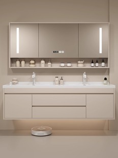 定制智能实木浴室柜一体陶瓷双盆洗手盆卫生间洗漱柜洗脸盆柜组合