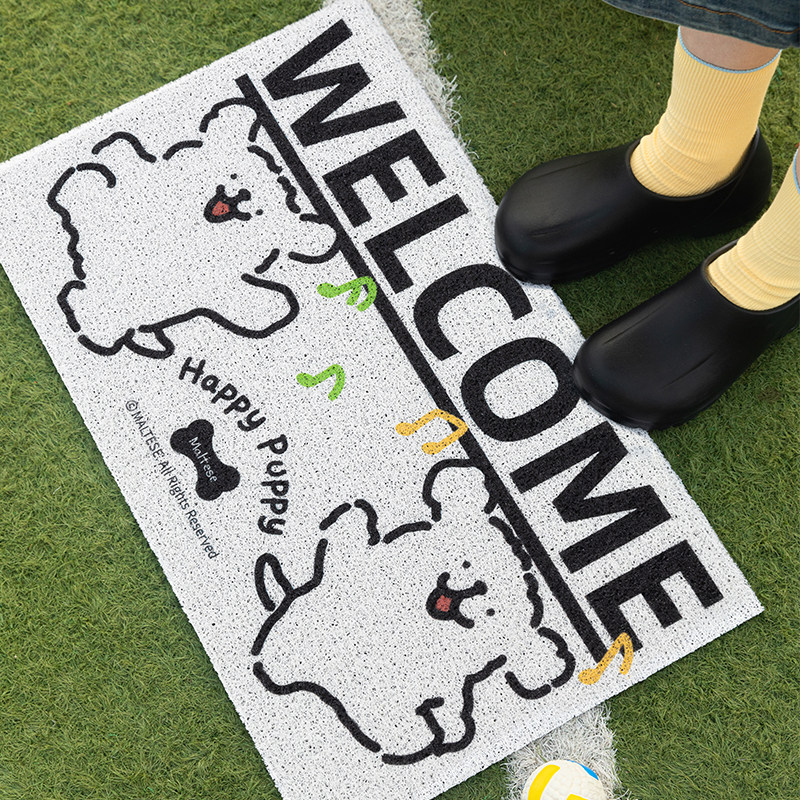 线条小狗Maltese原创丝圈地垫房间卧室大门可爱耐脏家用门垫脚垫