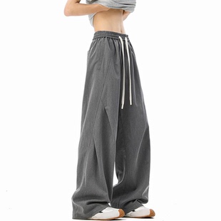 灰色褶皱垂感西裤男春秋季宽松抽绳直筒运动裤子百搭休闲长裤