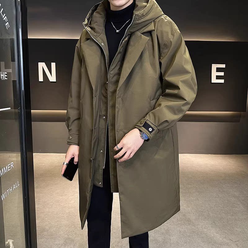 轻奢中长款羽绒服男款冬季加厚连帽防寒服韩版假两件风衣保暖外套