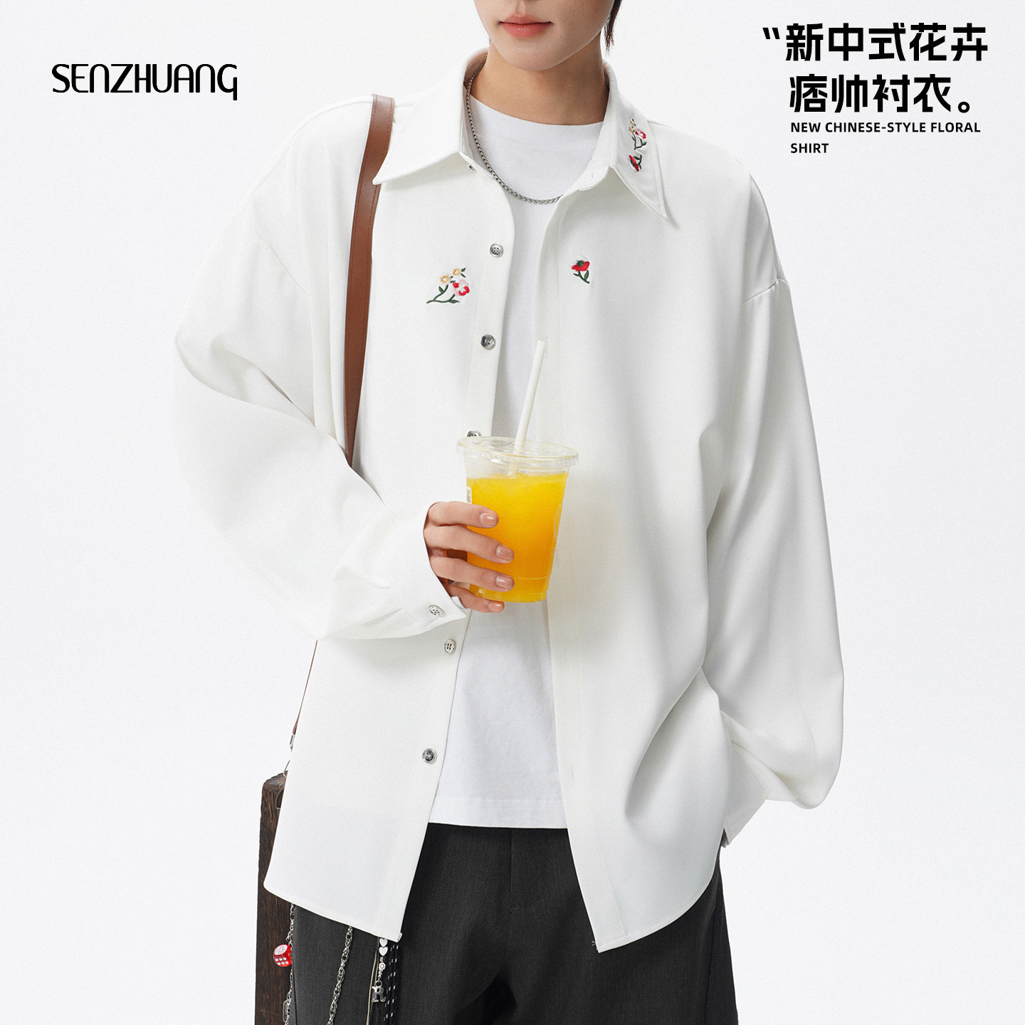 翻领新中式花卉刺绣衬衫图片
