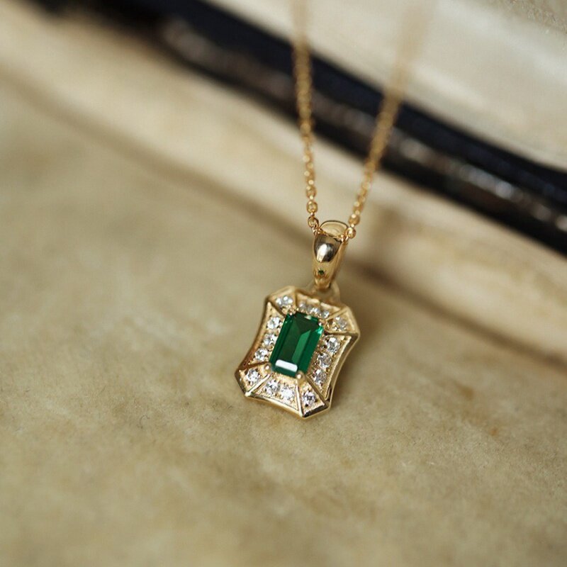 ROMANTIC小蛮腰~S925纯银镀18K金祖母绿锆石项链吊坠复古轻奢小众