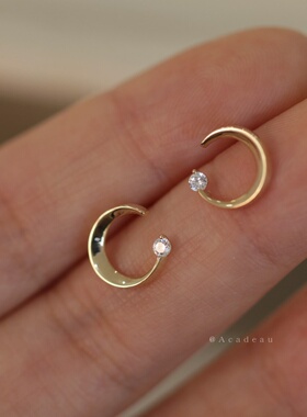 ROMANTIC925纯银镀14K金耳钉月亮耳环女百搭小巧个性网红精致