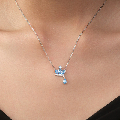 皇冠海蓝锆石吊坠项链女锁骨链