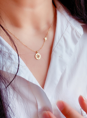 纯银项链光面圆形镂空雪花锁骨链