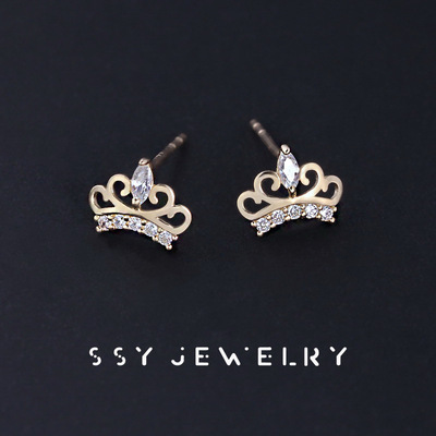 925纯银镀14K金锆石皇冠耳钉女