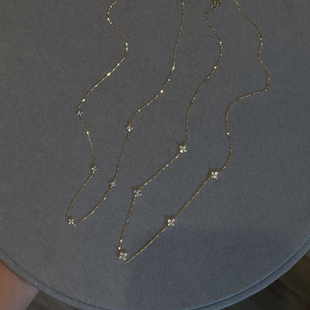 ROMANTIC925纯银镀18K金迷你版闪钻四叶草满天星项链简约锁骨链女