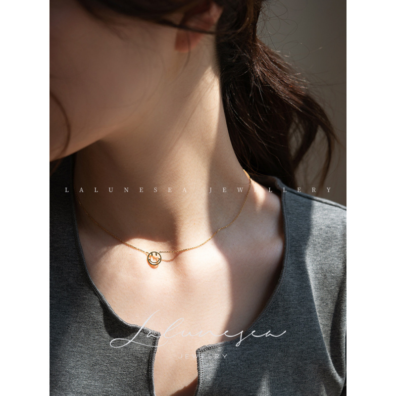 表情S925纯银镀18k金笑脸项链女