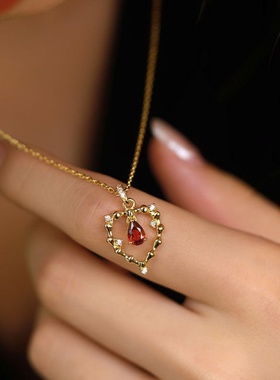 石榴红吊坠纯银项链小众复古感