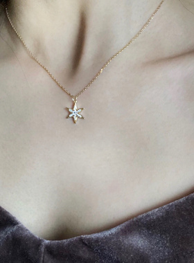 通体925银镀14K金镶钻六芒星项链