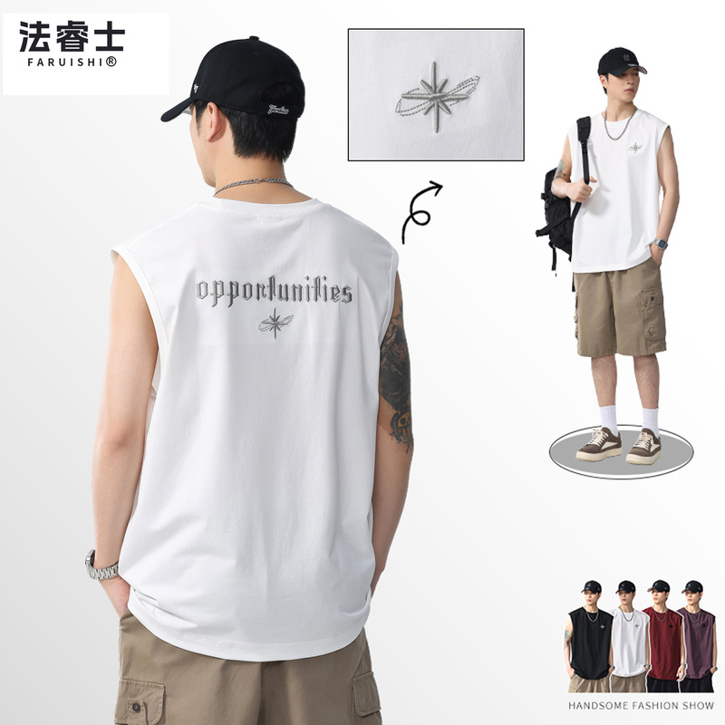 美式白色无袖T恤背心男士2025新款夏季薄款冰丝速干休闲短袖上衣
