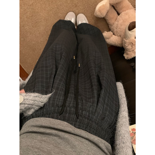 春秋大码高腰显瘦格纹阔腿裤女