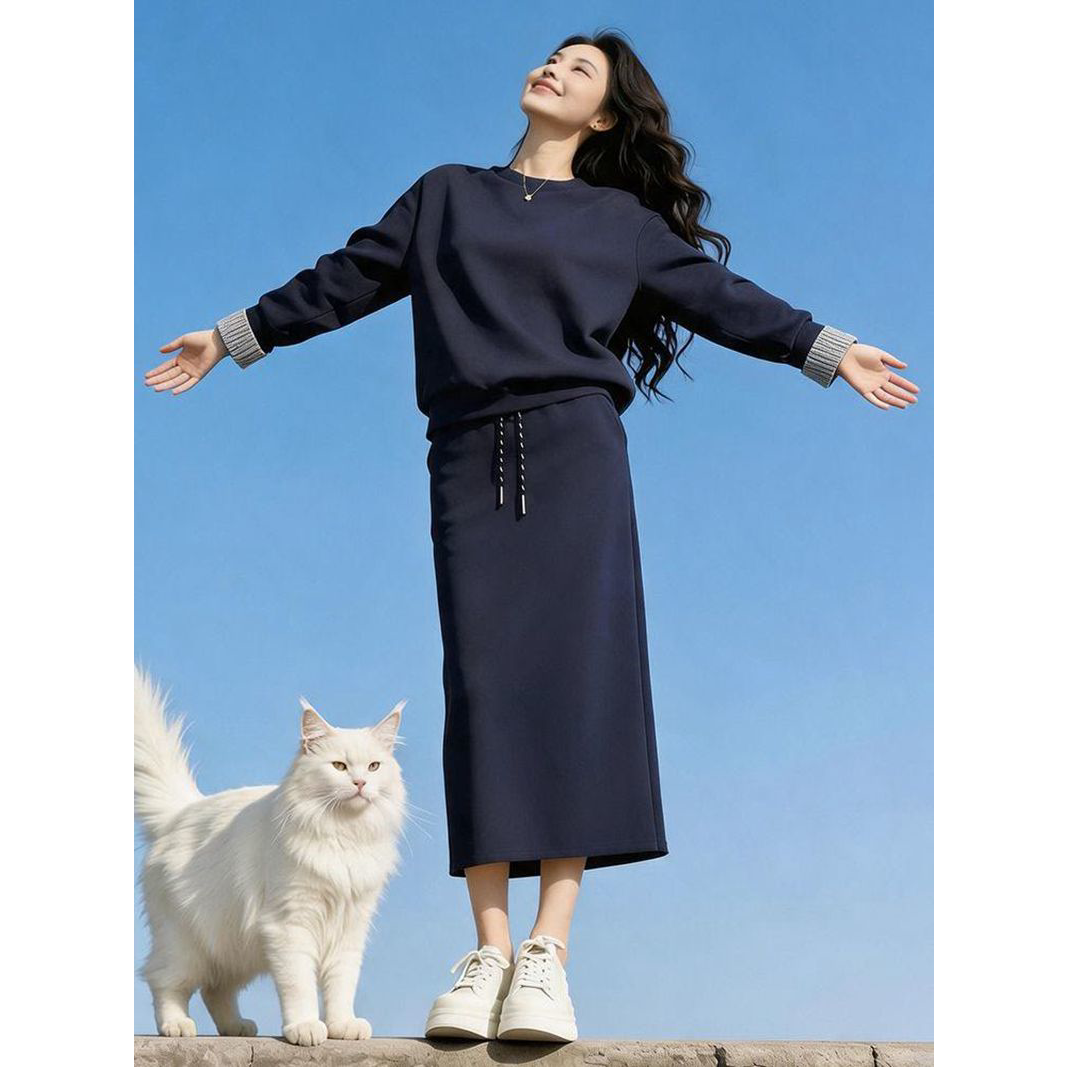 大码女装胖mm春秋高级感时尚运动套装女减龄显瘦拼接半身裙两件套
