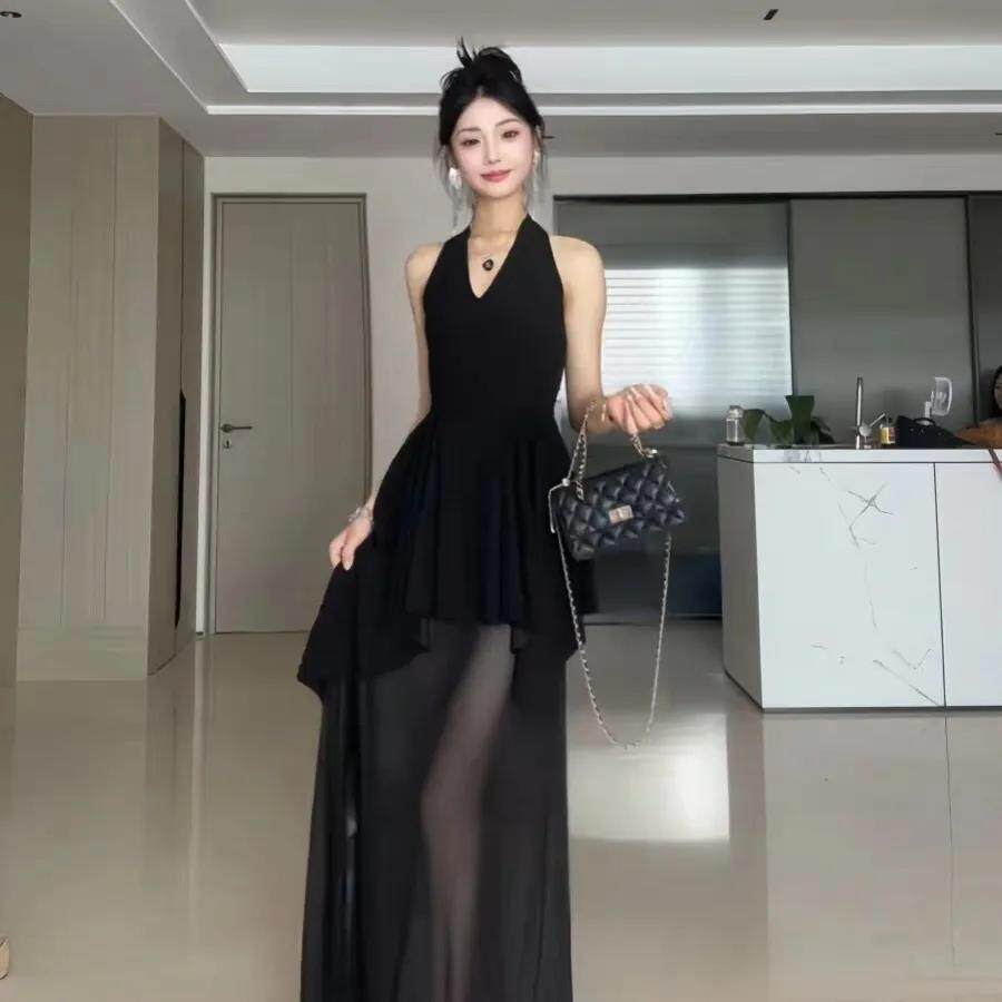 胖MM纯欲V领挂脖收腰礼服长裙