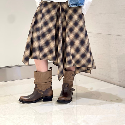 2025秋冬擦色牛皮褶皱粗跟短靴女ice同款西部厚底堆堆靴中筒靴女