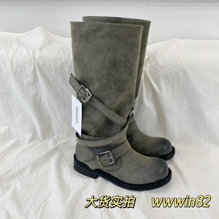 negativethree灰色堆堆靴女nt3复古做旧中筒靴韩版靴子小众工装靴