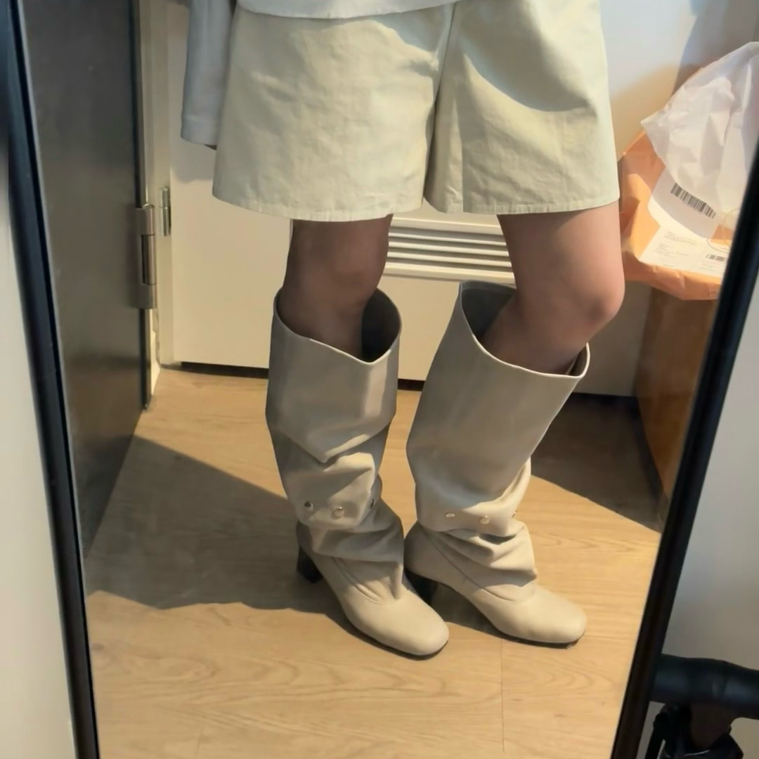 两穿可拆卸秋冬新款长筒靴女paloma复古粗跟显瘦高筒牛皮堆堆靴女