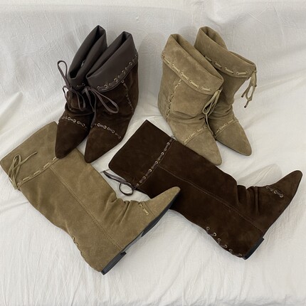 2025冬季新款时髦尖头内增高长靴女麂皮褶皱绑带西部靴显瘦堆堆靴