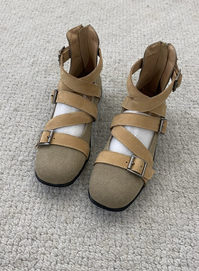 韩国小众设计25春夏新款方头牛皮交叉搭扣后跟拉链open芭蕾舞鞋女