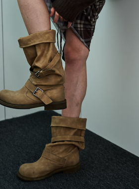 张元英negativethree皮带扣堆堆靴粗跟复古做旧韩国废土风工装靴