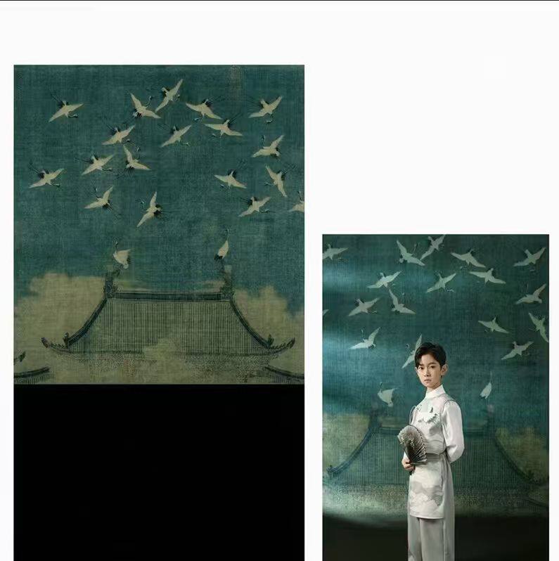 新中式白鹤屋顶儿童摄影背景布