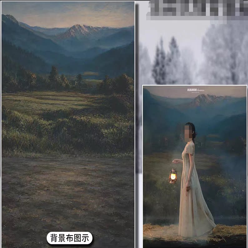 山野油画复古风景摄影背景布