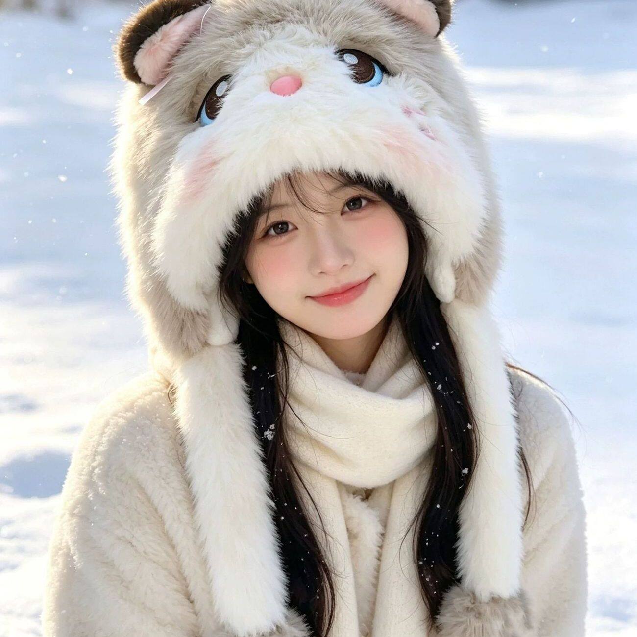可爱卡通猫咪耳朵毛绒帽子秋季女秋冬百搭保暖显脸小护耳雷