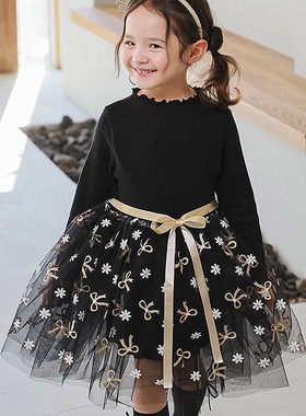 2024秋季韩国正品童装Rica女孩公主淑女时尚蝴蝶结黑色连衣裙洋装