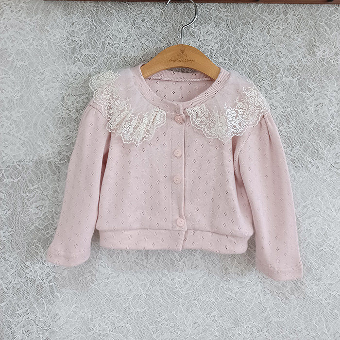 2024秋季韩国童装正品代购Saut de女童蕾丝荷叶领针织开衫外套