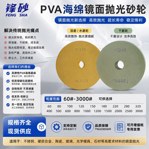 锋砂PVA海绵镜面抛光砂轮抛光不锈钢镀铬铜铝合金模具钢250mm现货