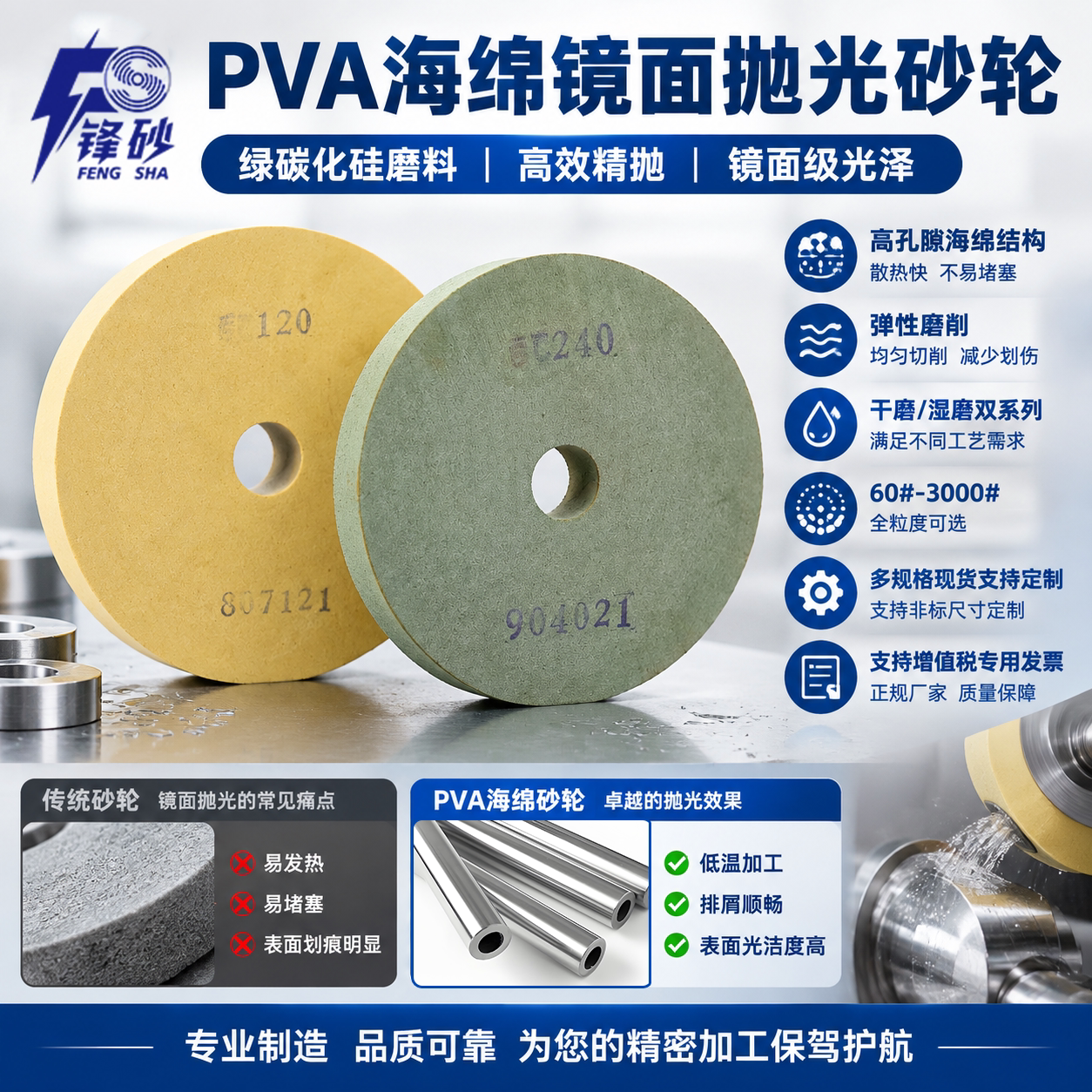 PVA海绵镜面抛光砂轮锋砂抛光不锈钢镀铬铜铝合金模具钢100-200mm