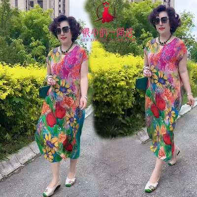 时尚中年妈妈装中长款花色连衣裙