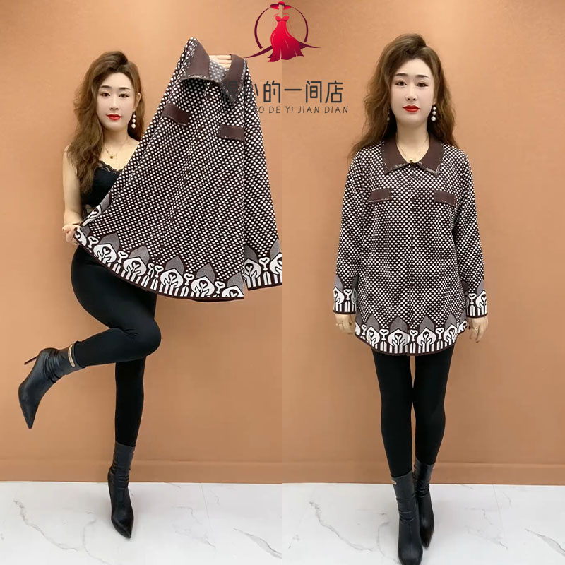 中年妈妈时尚中长款衬衫领针织衫