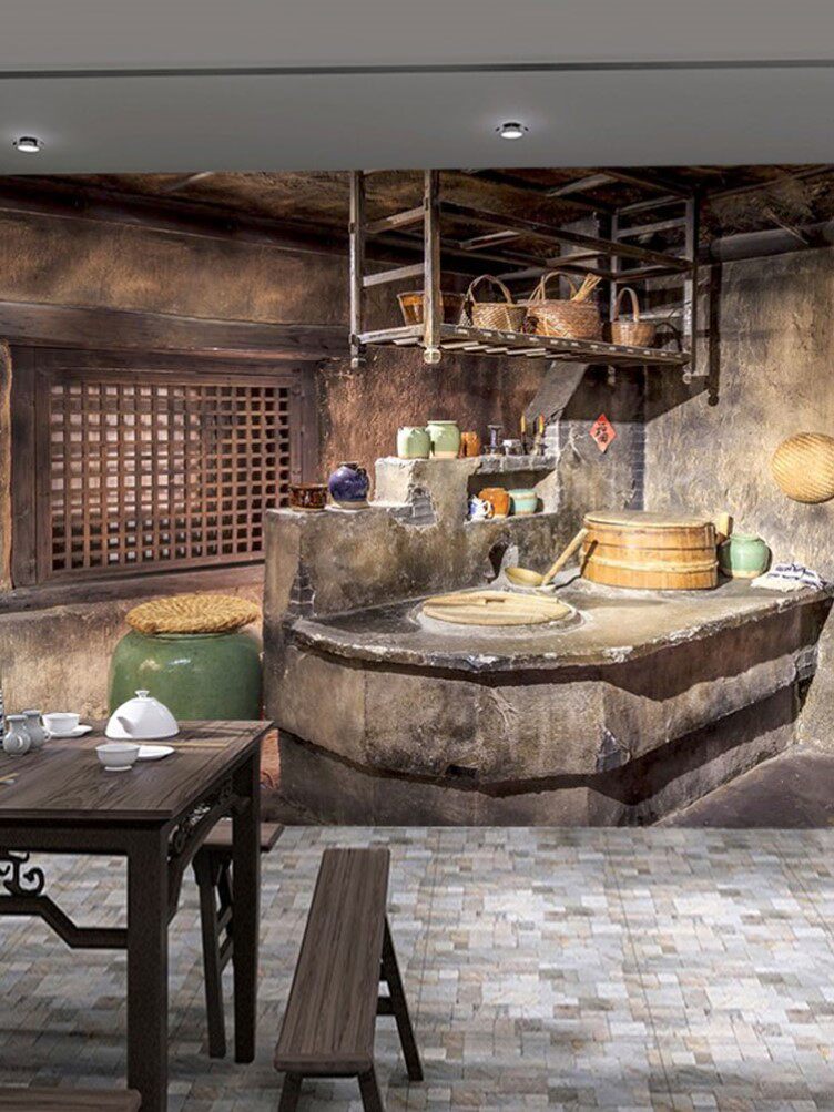 农产品腊肠腊肉腊味直播间背景墙布3d农家老灶台墙纸古代厨房壁纸